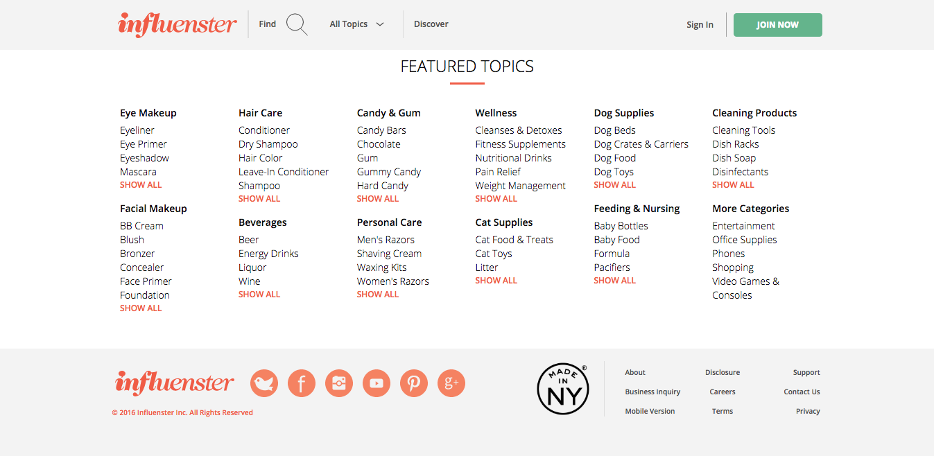 Screenshot of featured topics on Influenster.com