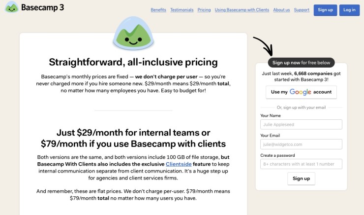 Basecamps pricing page