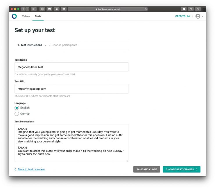 Task Setup Page of Remote User Testing Tool Userbrain