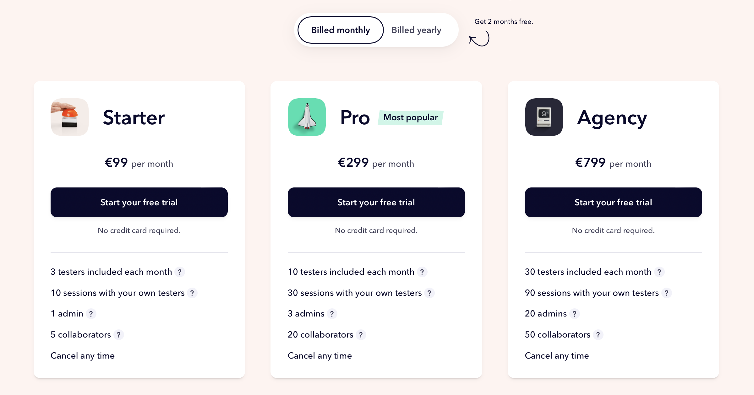 starter vs. pro vs. agency plans at Userbrain - pricing and features