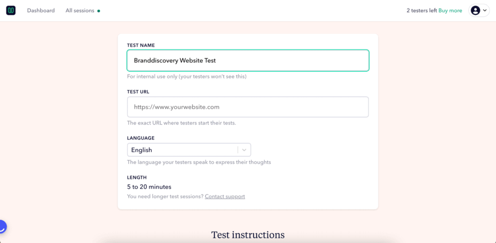 Enter the test name, test URL, and choose your language