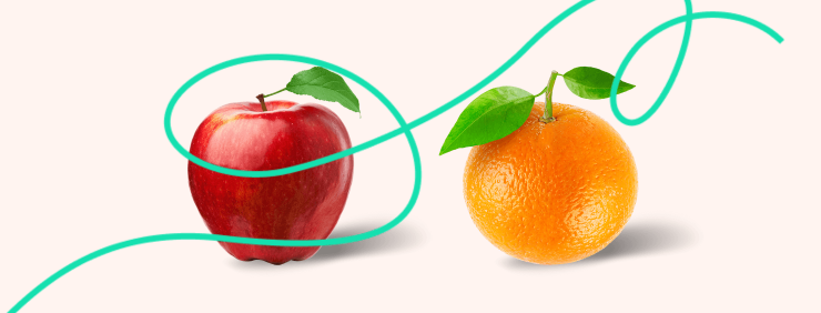 An apple and an orange, conveying that user testing and usability testing are like apples and oranges – both fruits, but completely different.