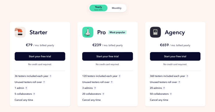 A screenshot of Userbrain's pricing page showing different subscription packages.