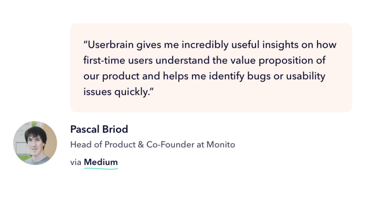 A screenshot of a Userbrain testimonial from Pascal Briod, Co-Founder of Monito