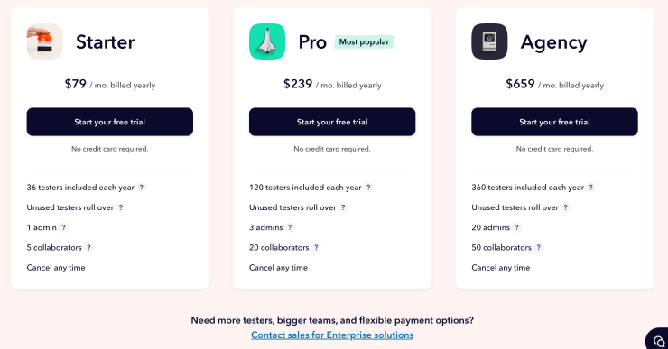 A screenshot of the Userbrain Pricing page for US users