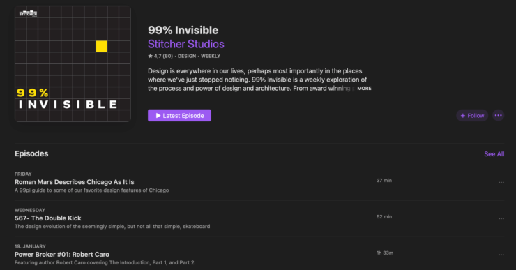 A screenshot of the 99% Invisible Apple Podcasts page. 99% Invisible takes 3rd place in our list of the best UX podcasts.