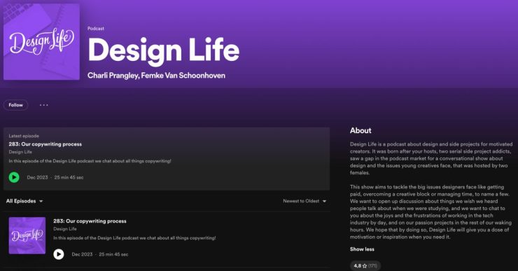 A screenshot of the Design Life Spotify page.