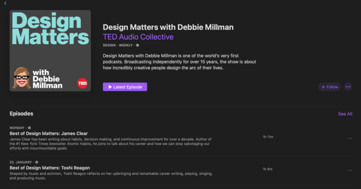 A screenshot of the Design Matters by Debbie Millman Apple Podcasts page.