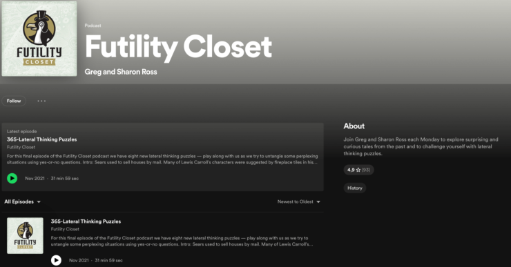 A screenshot of the Futility Closet Spotify page.