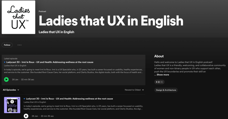 A screenshot of the Ladies that UX in English Spotify Page. Number 1 best UX Podcasts.