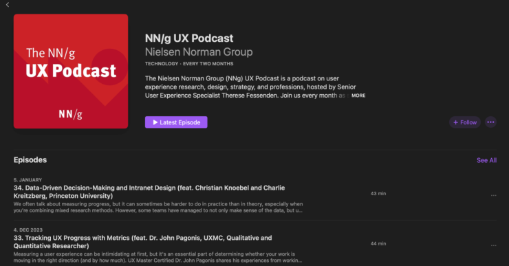 A screenshot of the NN/g UX Podcast Apple Podcasts page.
