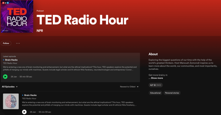 A screenshot of the TED Radio Hour Spotify page.