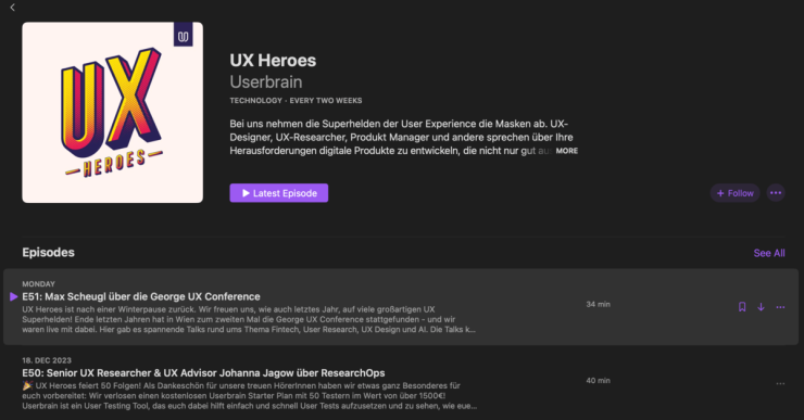 A screenshot of the UX Heroes Apple Podcasts page. One of the best UX podcasts in German language.