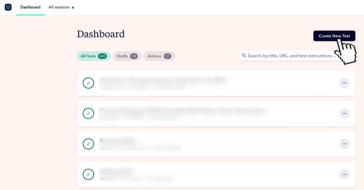 A screenshot of the user testing dashboard with a cursor showing where to click to create a new user test.