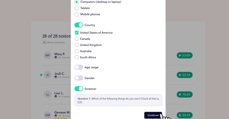 A screenshot of user testing demographic filters when creating a user test