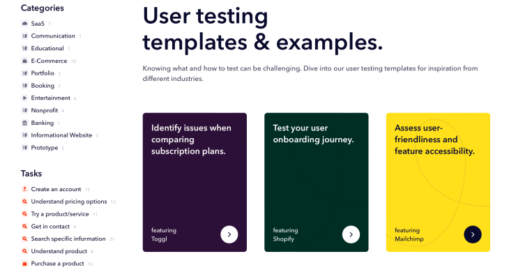 A screenshot of Userbrain's user testing templates overview page.